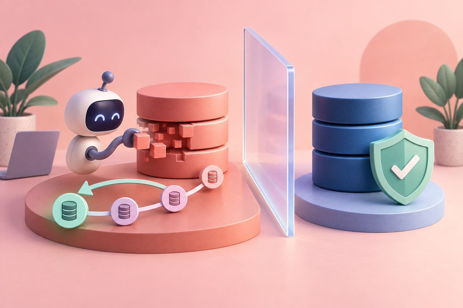 Robot davanti a un database di sviluppo, separato da un database protetto, con una sequenza di checkpoint e rollback.