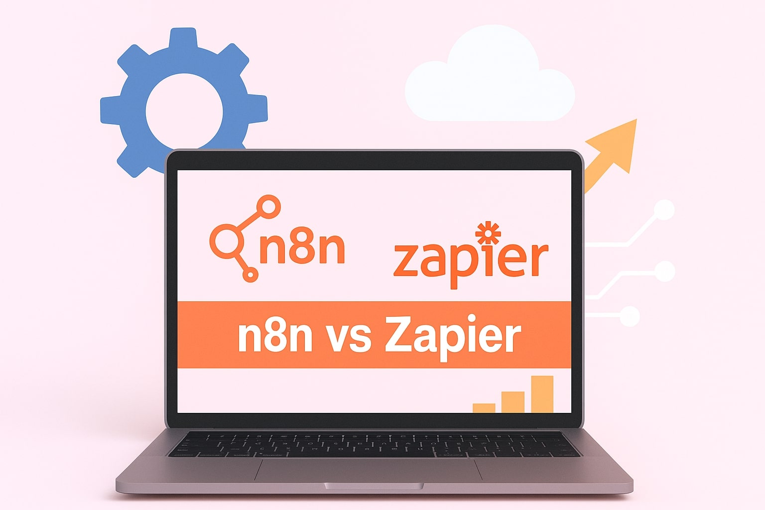 Illustrazione di un portatile con i loghi n8n e Zapier ed elementi grafici legati all’automazione.