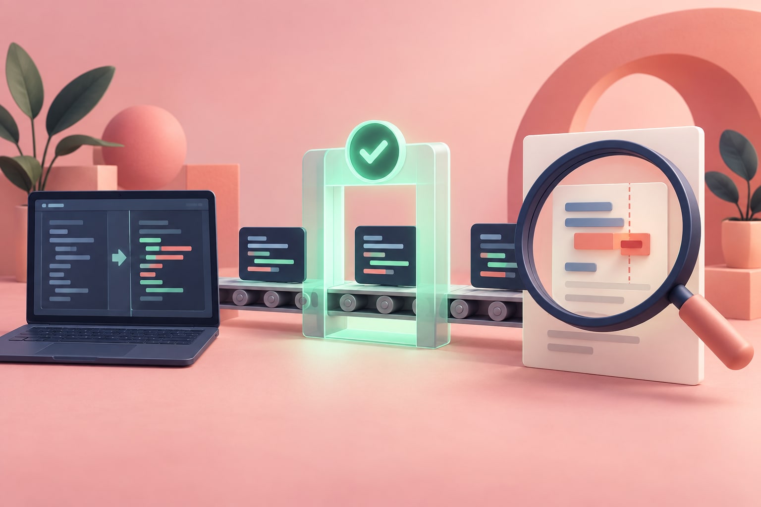 Computer, frammenti di codice su una linea di verifica e lente d’ingrandimento su una modifica.