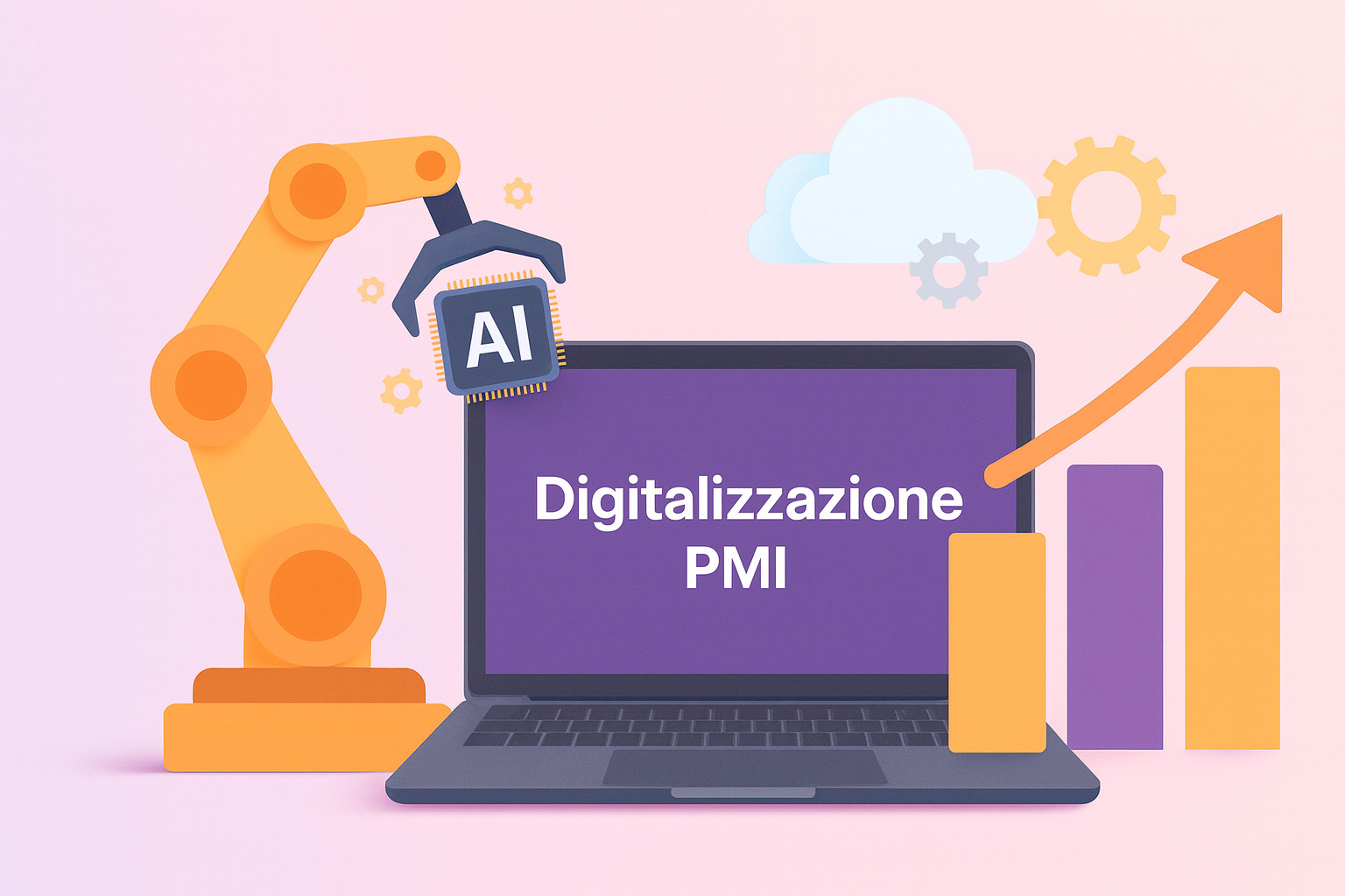 Illustrazione sulla digitalizzazione delle PMI con un braccio robotico, un computer e un grafico.