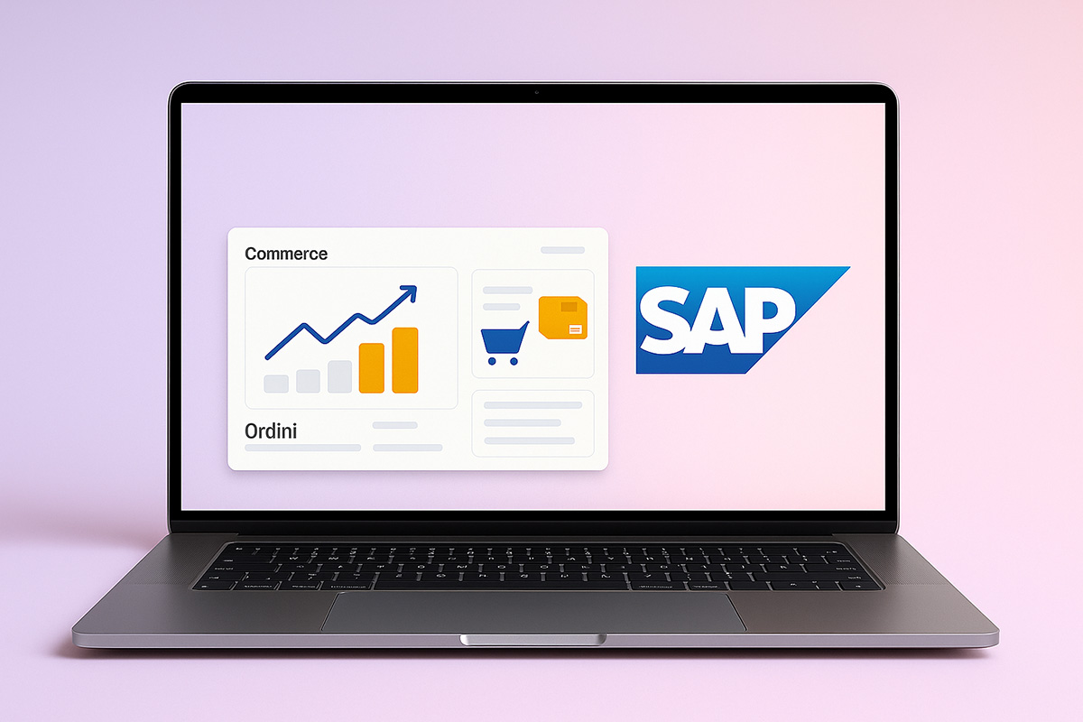 Illustrazione di un e-commerce collegato a SAP per scambiare ordini e dati di vendita.