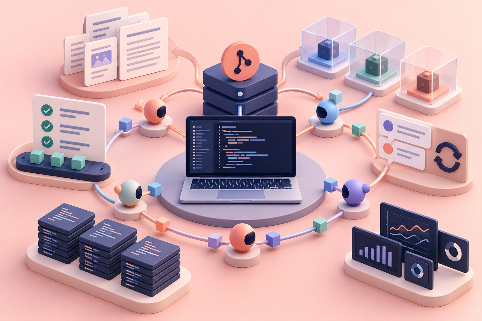 Computer al centro di un ciclo che collega documentazione, repository, agenti, test e monitoraggio.