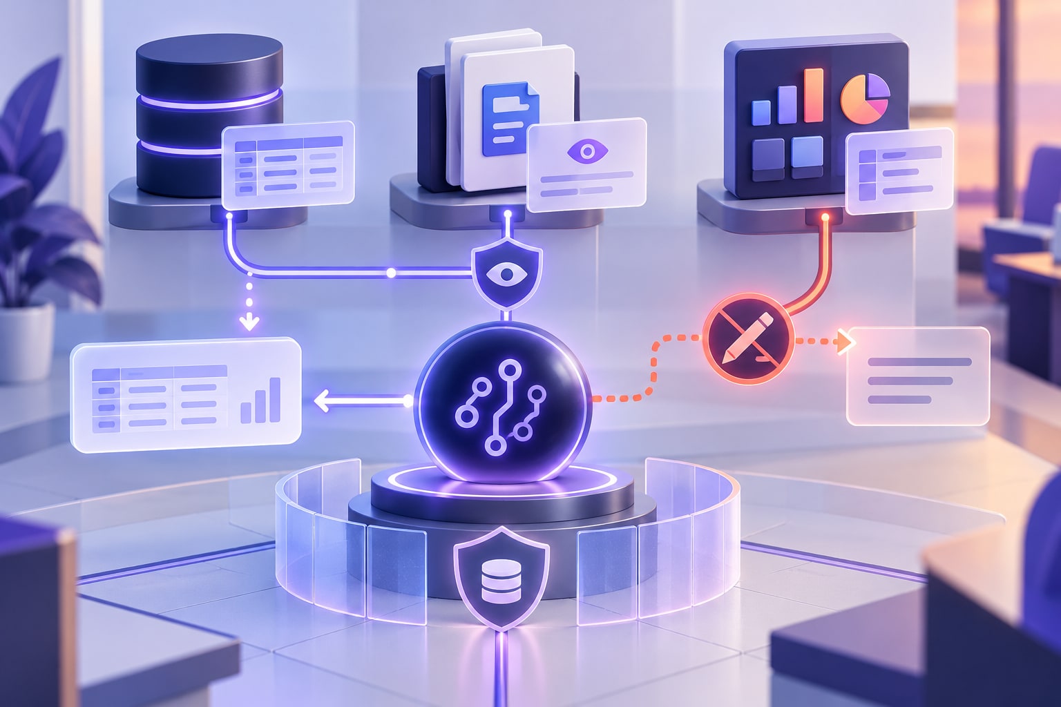 AI hub connected to databases and documents in read-only mode, with a write action stopped by a permission check.