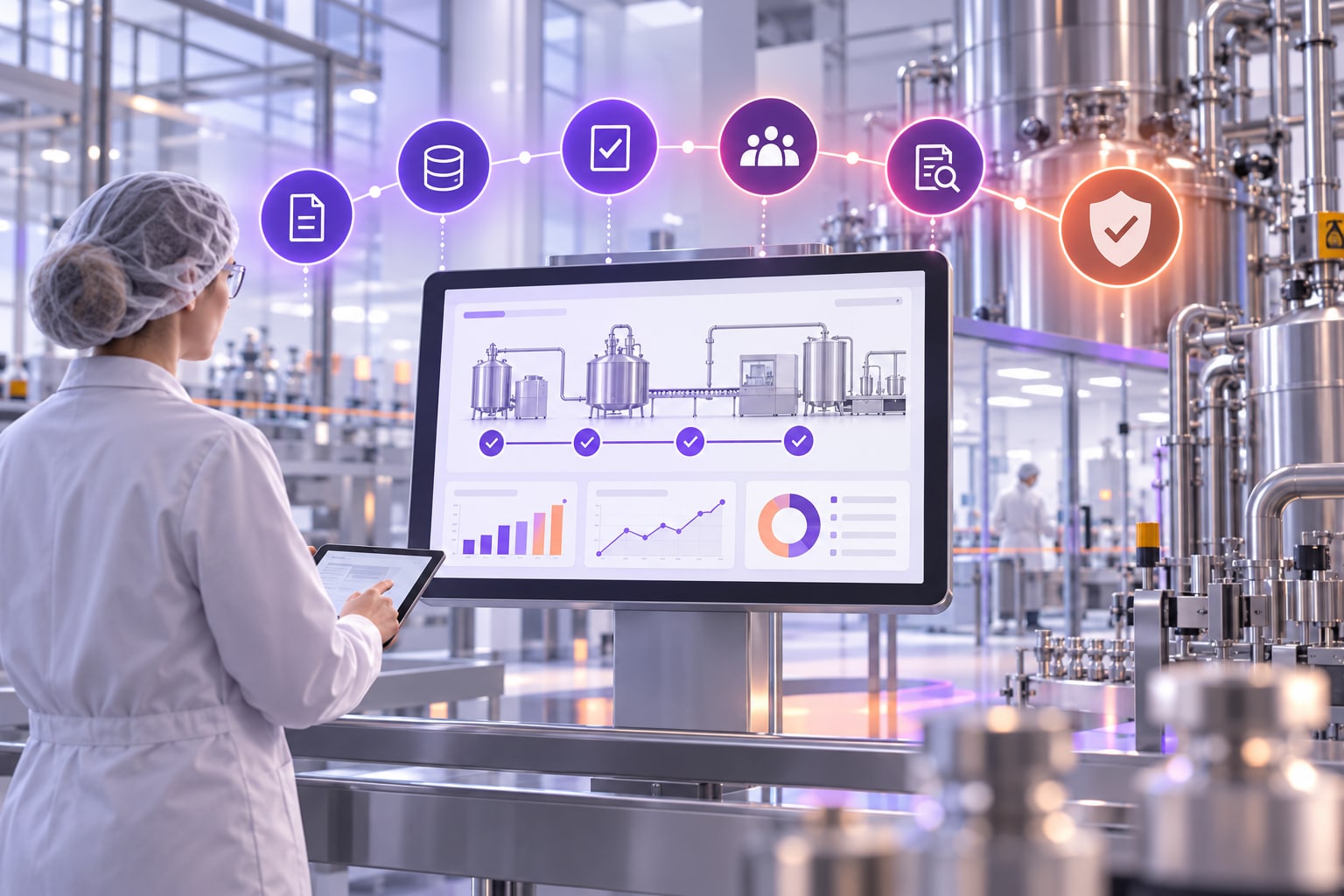 Professionista in uno stabilimento farmaceutico davanti a un flusso digitale con controlli, revisioni e protezione dei dati.