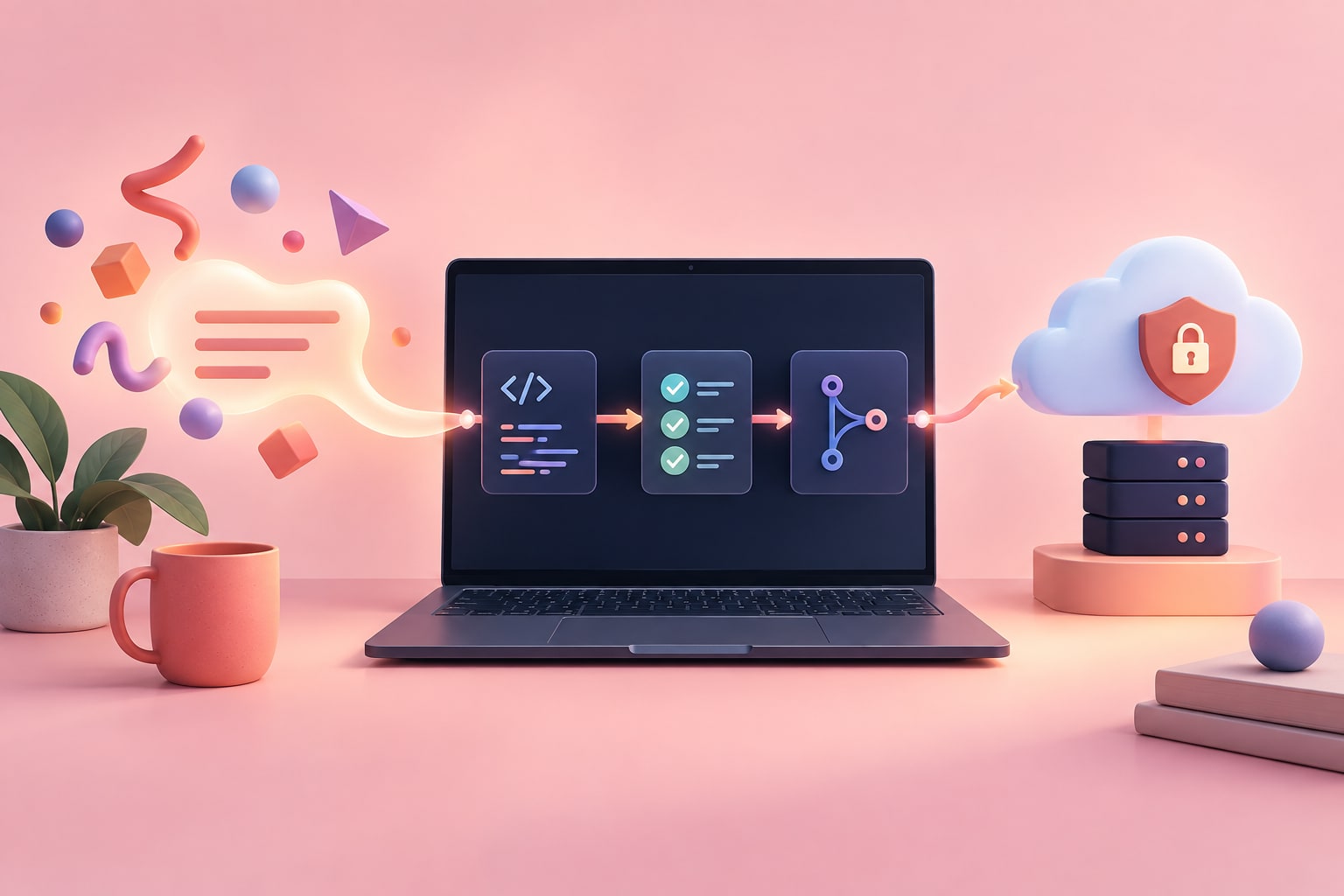 Computer portatile con un flusso visuale che collega codice, verifiche, versionamento e rilascio protetto.