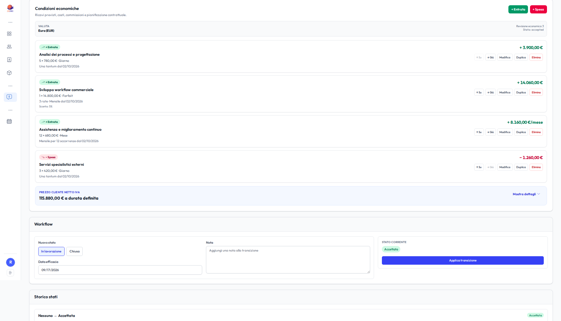 Offerta dimostrativa in ZenCRM con entrate, spese, ricorrenze, totale e stato del workflow.