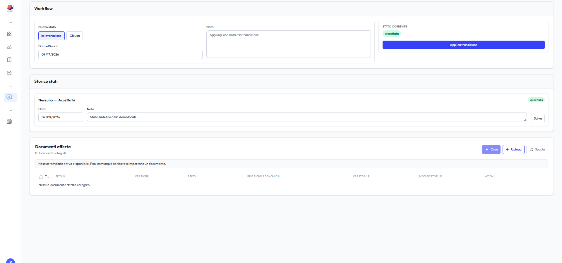 Workflow dimostrativo di un’offerta ZenCRM con transizioni disponibili e storico degli stati.