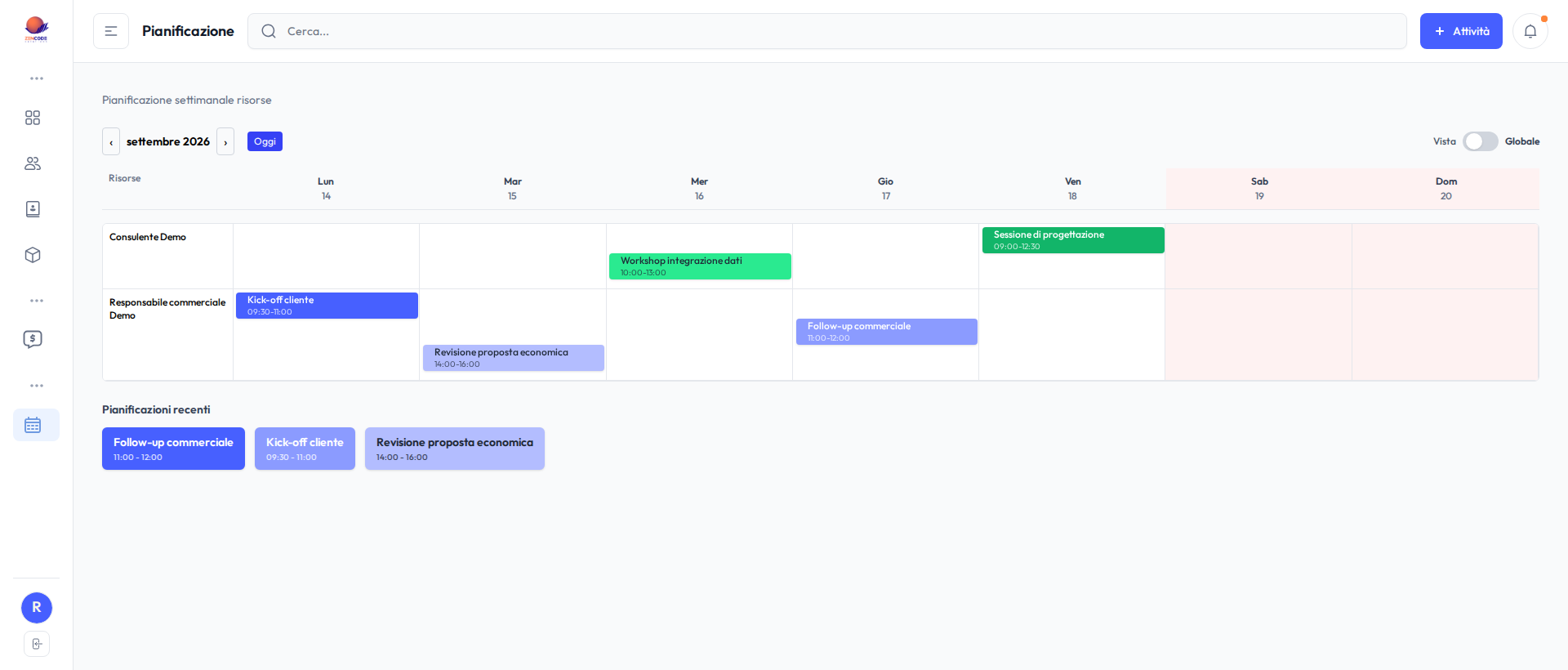 Planning settimanale dimostrativo di ZenCRM con attività distribuite per risorsa e giorno.