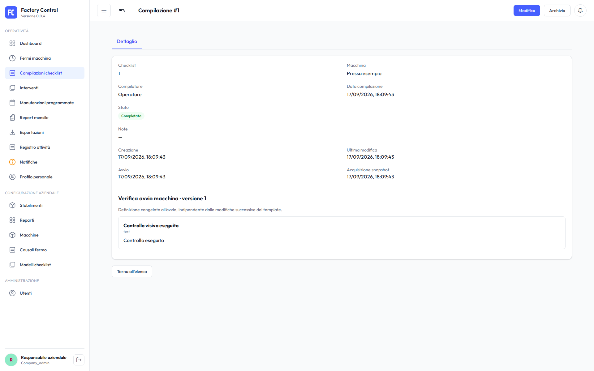 Checklist dimostrativa completata con macchina, compilatore, versione acquisita, domanda e risposta.
